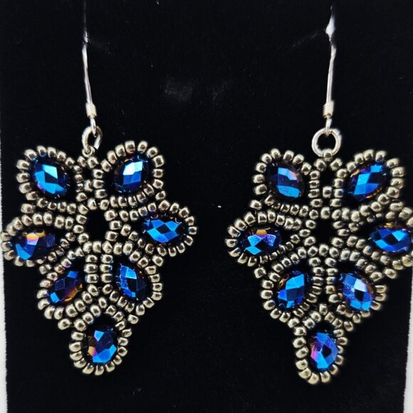 Sterling Silver .925 Electric Blue Beaded Drop French Wire Earrings - Picture 5 of 5
